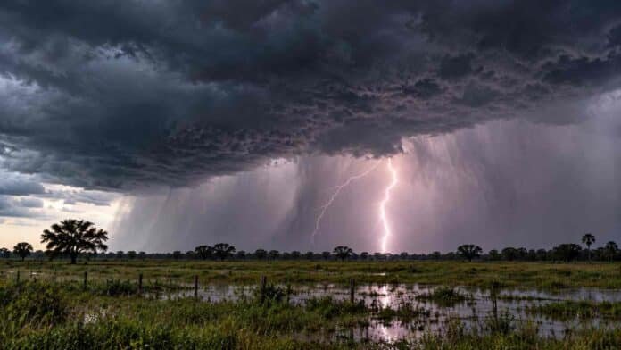 tormentas-fuertes-chaco-corrientes-alerta-meteorologica Tormenta fuerte con cielo oscuro, relámpago y lluvias intensas sobre campos anegados en un paisaje rural representativo de Chaco y Corrientes.