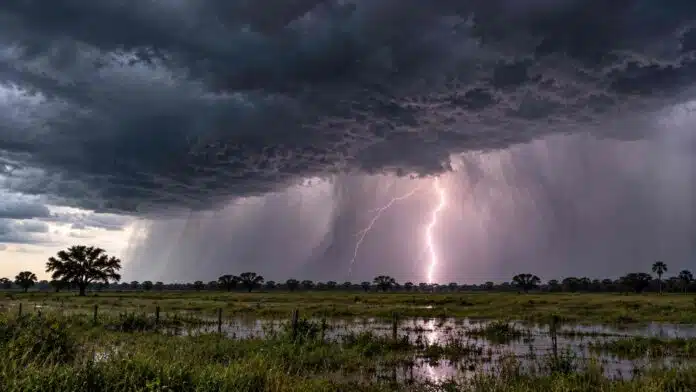 Tormenta fuerte con cielo oscuro, relámpago y lluvias intensas sobre campos anegados en un paisaje rural representativo de Chaco y Corrientes.