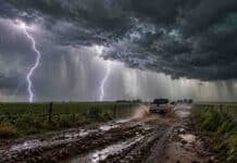 Pronóstico del 22 al 24 de octubre: tormentas fuertes en diez provincias Tormentas fuertes sobre campos agrícolas de Argentina, con relámpagos, lluvias intensas y una camioneta circulando por un camino rural embarrado.