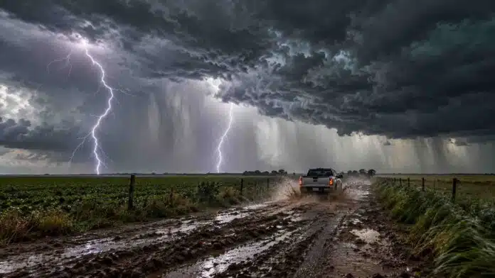 Tormentas fuertes sobre campos agrícolas de Argentina, con relámpagos, lluvias intensas y una camioneta circulando por un camino rural embarrado.