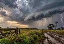 Pronóstico del 23 al 25 de octubre: tormentas fuertes en el NEA y descenso térmico Tormenta fuerte sobre un campo argentino, con nubes oscuras, un relámpago y lluvias intensas junto a un camino rural anegado.