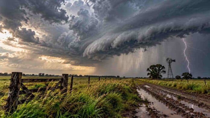 Tormenta fuerte sobre un campo argentino, con nubes oscuras, un relámpago y lluvias intensas junto a un camino rural anegado.