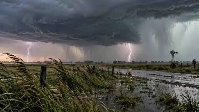 Tormentas fuertes a severas avanzan sobre un campo rural con lluvias intensas, relámpagos y sectores anegados.