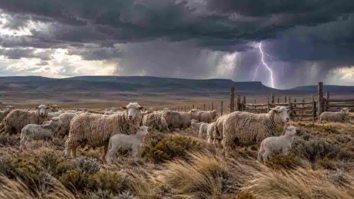 tormentas-meseta-patagonica-corderos-ruralnet Rebaño de ovejas y corderos en la meseta patagónica bajo un cielo de tormenta, con un relámpago al fondo y corrales rurales en la estepa.