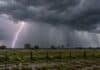 Tormentas severas ponen bajo alerta naranja a cuatro provincias: hasta 150 mm en Misiones Tormenta severa sobre un paisaje rural de Corrientes, con nubes oscuras, lluvia intensa y un relámpago ramificado durante una alerta naranja.