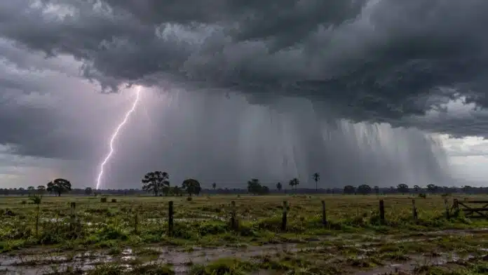 tormentas-severas-alerta-naranja-corrientes-octubre-2026-ruralnet Tormenta severa sobre un paisaje rural de Corrientes, con nubes oscuras, lluvia intensa y un relámpago ramificado durante una alerta naranja.