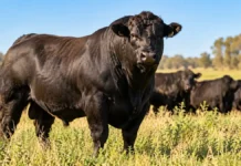 Genética bovina: los toros aumentaron 61% en un año y alcanzaron un precio promedio de $9,8 millones Toro reproductor Angus negro en un establecimiento ganadero argentino, con otros bovinos al fondo, ilustrando la inversión en genética bovina.