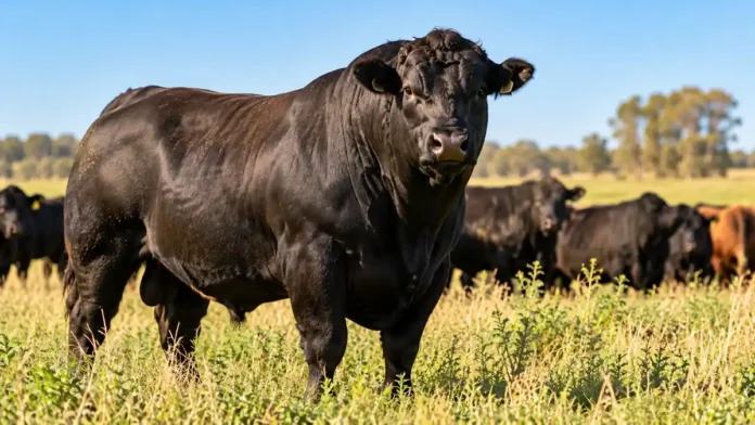 toros-reproductores-genetica-bovina-ruralnet Toro reproductor Angus negro en un establecimiento ganadero argentino, con otros bovinos al fondo, ilustrando la inversión en genética bovina.