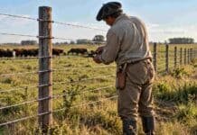 Trabajo rural: prorrogan hasta 2027 la compatibilidad con planes sociales Trabajador rural de espaldas reparando un alambrado de siete hilos en un campo ganadero argentino, con vacunos al fondo