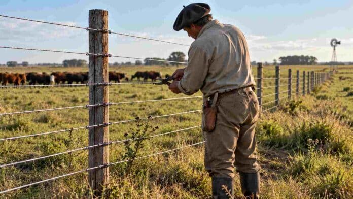 Trabajador rural de espaldas reparando un alambrado de siete hilos en un campo ganadero argentino, con vacunos al fondo