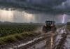 Alertas por tormentas severas en ocho provincias: prevén hasta 90 mm de lluvia y ráfagas superiores a 100 km/h Tractor avanza por un camino rural embarrado hacia el horizonte bajo una tormenta fuerte, con lluvia intensa y relámpagos en un entorno rural.