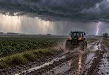 Alertas por tormentas severas en ocho provincias: prevén hasta 90 mm de lluvia y ráfagas superiores a 100 km/h Tractor avanza por un camino rural embarrado hacia el horizonte bajo una tormenta fuerte, con lluvia intensa y relámpagos en un entorno rural.