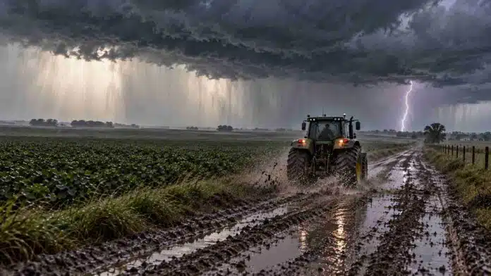 tractor-bajo-tormenta-ruralnet Tractor avanza por un camino rural embarrado hacia el horizonte bajo una tormenta fuerte, con lluvia intensa y relámpagos en un entorno rural.