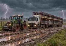 Pronóstico del 14 al 16 de octubre: lluvias en Buenos Aires y tormentas en Córdoba y Santa Fe Tractor Fendt de gran porte remolca un camión jaula cargado con hacienda, encajado en un camino rural con abundante barro, bajo un cielo de tormenta con relámpagos.