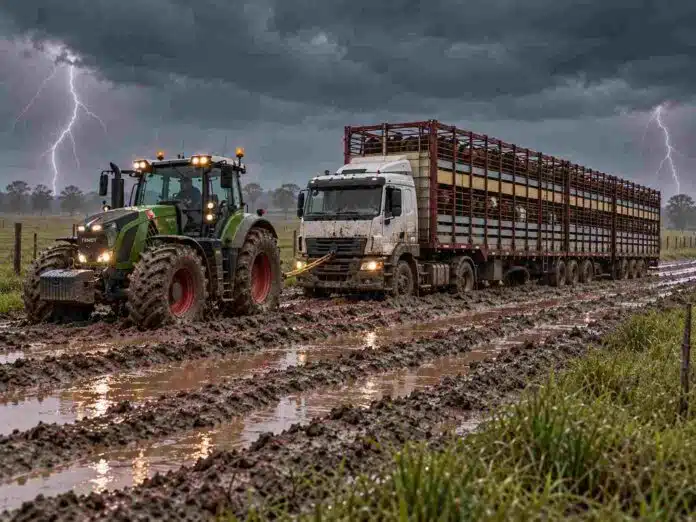 tractor-fendt-remolcando-camion-hacienda-encajado-barro-tormenta-ruralnet Tractor Fendt de gran porte remolca un camión jaula cargado con hacienda, encajado en un camino rural con abundante barro, bajo un cielo de tormenta con relámpagos.