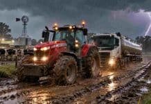 Pronóstico del 28 al 30 de octubre: afloja la inestabilidad en el NEA y llegan máximas de 32 °C Tractor Massey Ferguson remolcando un camión Volvo con tanque de transporte de leche por un camino rural embarrado, bajo una intensa lluvia con relámpagos, cerca de un tambo con vacas lecheras.