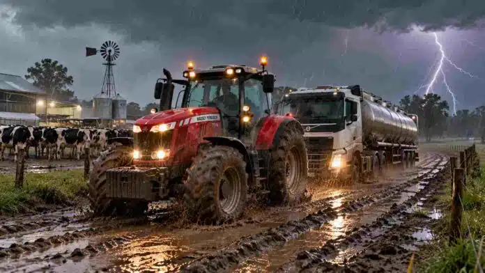 tractor-massey-ferguson-rescate-camion-lechero-barro-lluvia-ruralnet Tractor Massey Ferguson remolcando un camión Volvo con tanque de transporte de leche por un camino rural embarrado, bajo una intensa lluvia con relámpagos, cerca de un tambo con vacas lecheras.