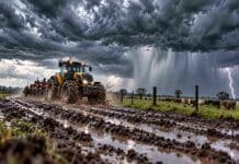 Pronóstico del 10 al 12 de octubre: lluvias en Buenos Aires y tormentas en Misiones, con inestabilidad hasta el lunes Tractor Valtra avanzando por un camino rural embarrado, con una tormenta intensa de fondo, nubes oscuras, lluvias fuertes y actividad eléctrica.