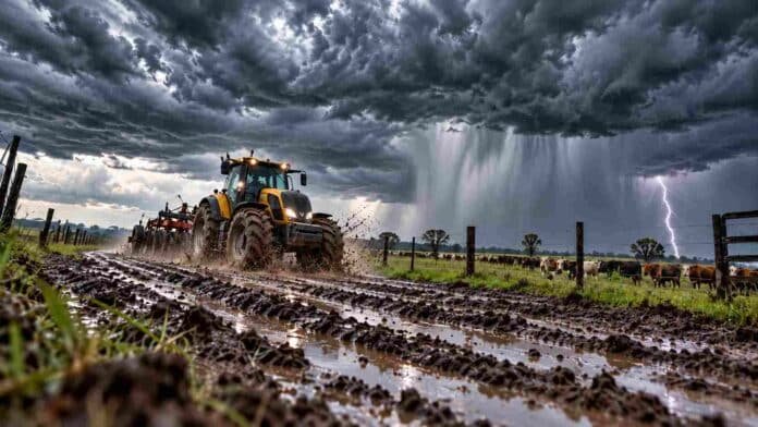tractor-valtra-tormentas-camino-rural-pronostico-ruralnet Tractor Valtra avanzando por un camino rural embarrado, con una tormenta intensa de fondo, nubes oscuras, lluvias fuertes y actividad eléctrica.