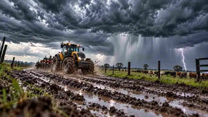 Tractor Valtra avanzando por un camino rural embarrado, con una tormenta intensa de fondo, nubes oscuras, lluvias fuertes y actividad eléctrica.