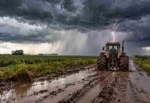 Tormentas fuertes y lluvias persistentes: siete provincias bajo alerta meteorológica Tractor Zanello con cabina y neumáticos cubiertos de barro avanza por un camino rural anegado mientras una fuerte tormenta con lluvia intensa y relámpagos se desarrolla sobre el campo.