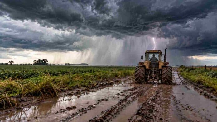 tractor-zanello-tormenta-lluvias-alerta-ruralnet Tractor Zanello con cabina y neumáticos cubiertos de barro avanza por un camino rural anegado mientras una fuerte tormenta con lluvia intensa y relámpagos se desarrolla sobre el campo.