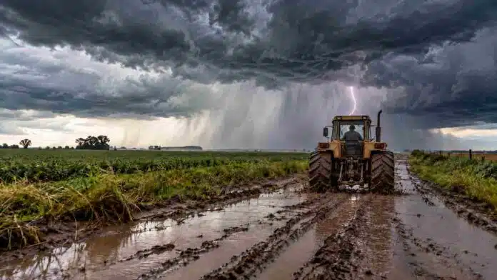 Tractor Zanello con cabina y neumáticos cubiertos de barro avanza por un camino rural anegado mientras una fuerte tormenta con lluvia intensa y relámpagos se desarrolla sobre el campo.