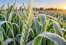 Trigo: las heladas provocan pérdidas de hasta el 15% en lotes Espiga y hojas de trigo cubiertas por escarcha tras una helada, en una imagen ilustrativa del impacto de las bajas temperaturas sobre el cultivo.