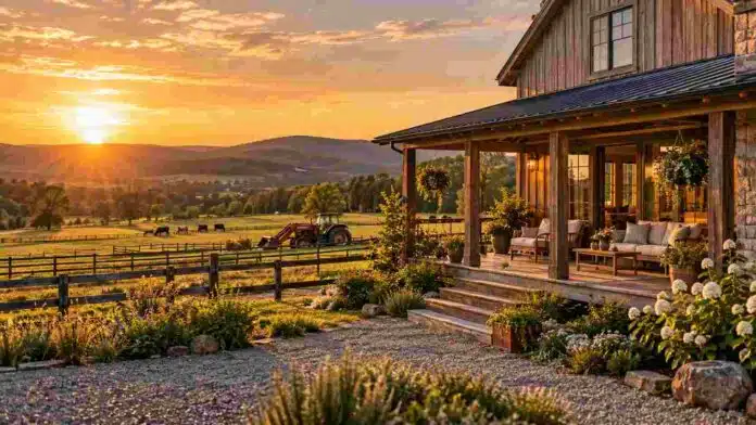 turismo-rural-airbnb-campo-ruralnet Alojamiento rural integrado a un establecimiento agropecuario, con actividad productiva y paisaje de campo al atardecer.