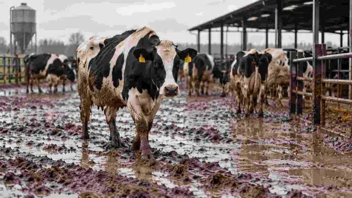 vacas-lecheras-barro-tambo-lluvias-ruralnet Vacas lecheras caminando sobre barro en un tambo tras lluvias intensas, en una imagen ilustrativa del impacto del exceso de agua sobre el manejo y el bienestar animal.