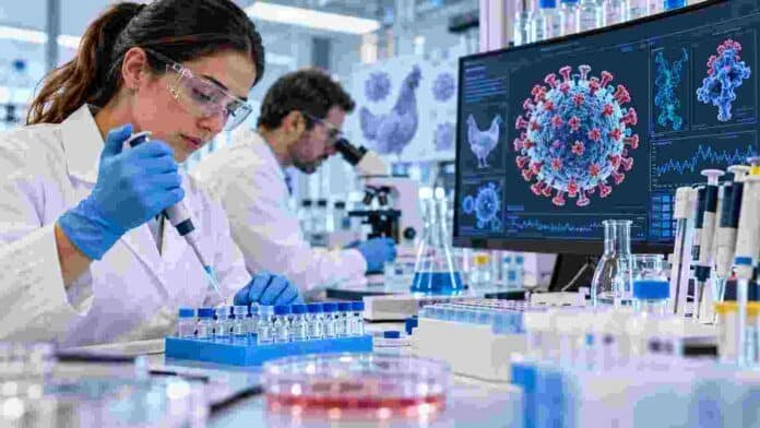 Científicos trabajando en un laboratorio con muestras y equipamiento para investigar una vacuna de ARN mensajero contra la gripe aviar H5N1.