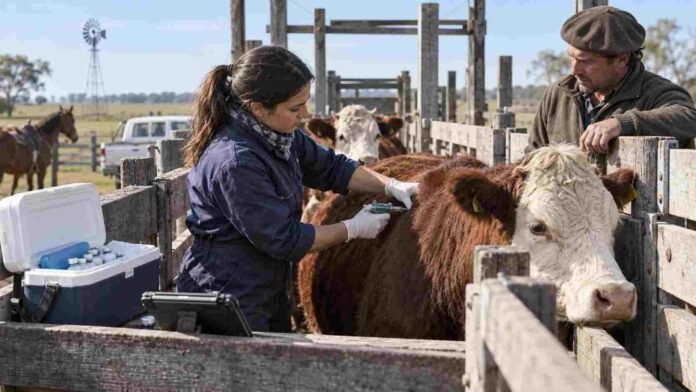 vacunacion-aftosa-veterinario-ganado-ruralnet Veterinaria aplica una vacuna a un bovino en una manga rural, durante una jornada sanitaria de vacunación del rodeo.
